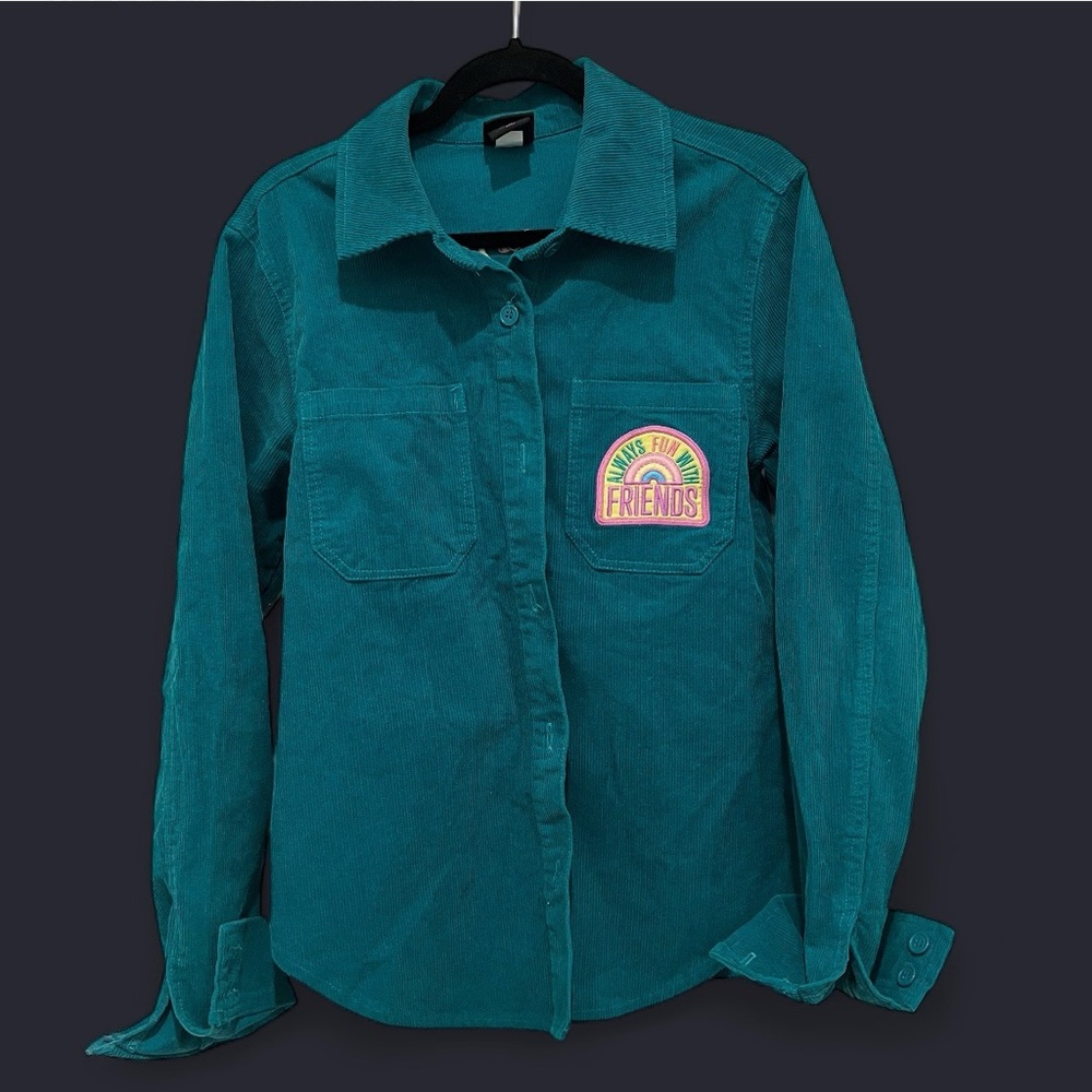 Women’s Sanrio Hello Kitty and Friends Teal Corduroy Collared Button Shirt